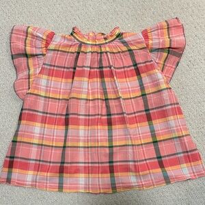 Plaid Ruffle Sleeve Blouse - Pink and Yellow